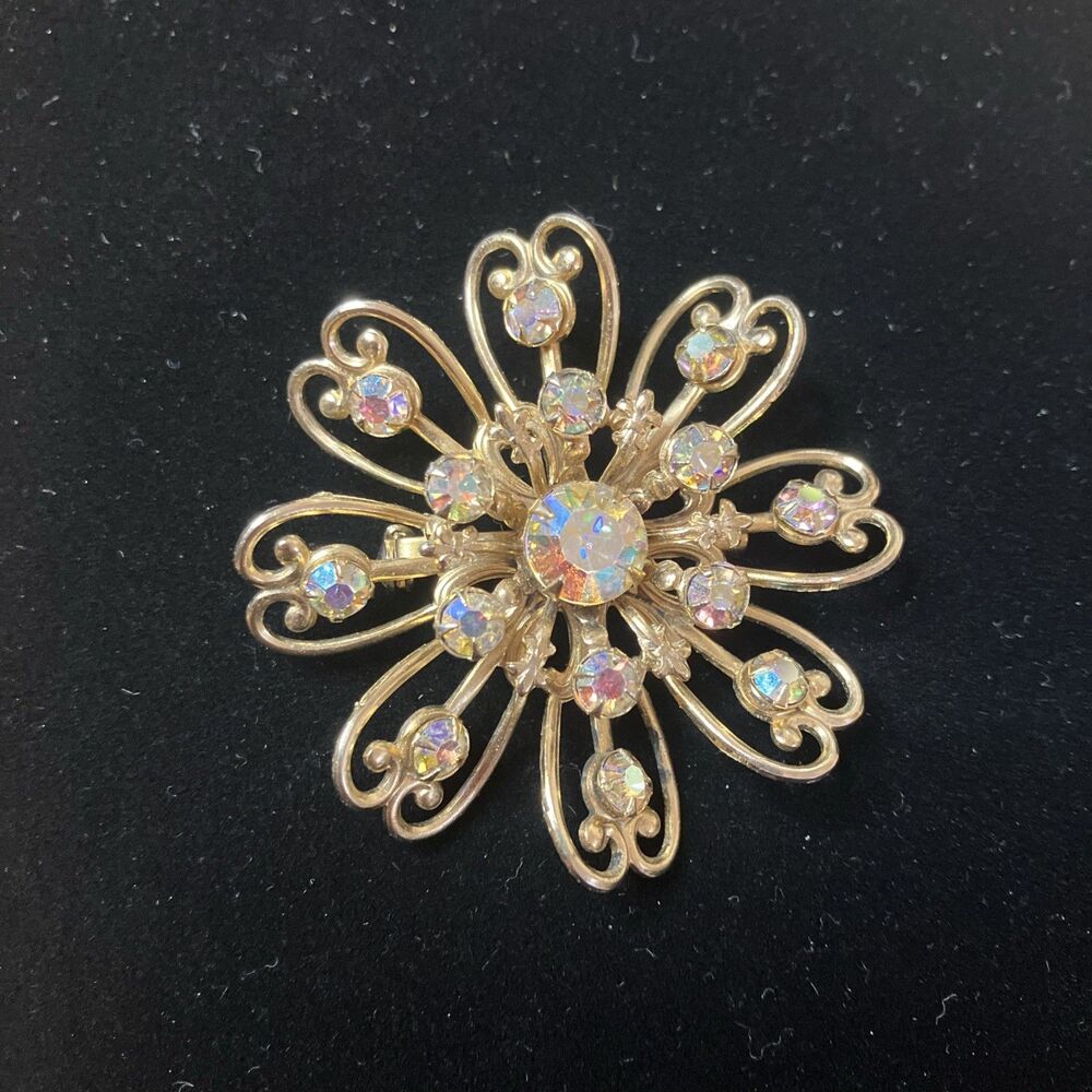 VTG Statement Aurora Borealis Rhinestone Flower Brooch Pin 2 In Gold Tone Glam